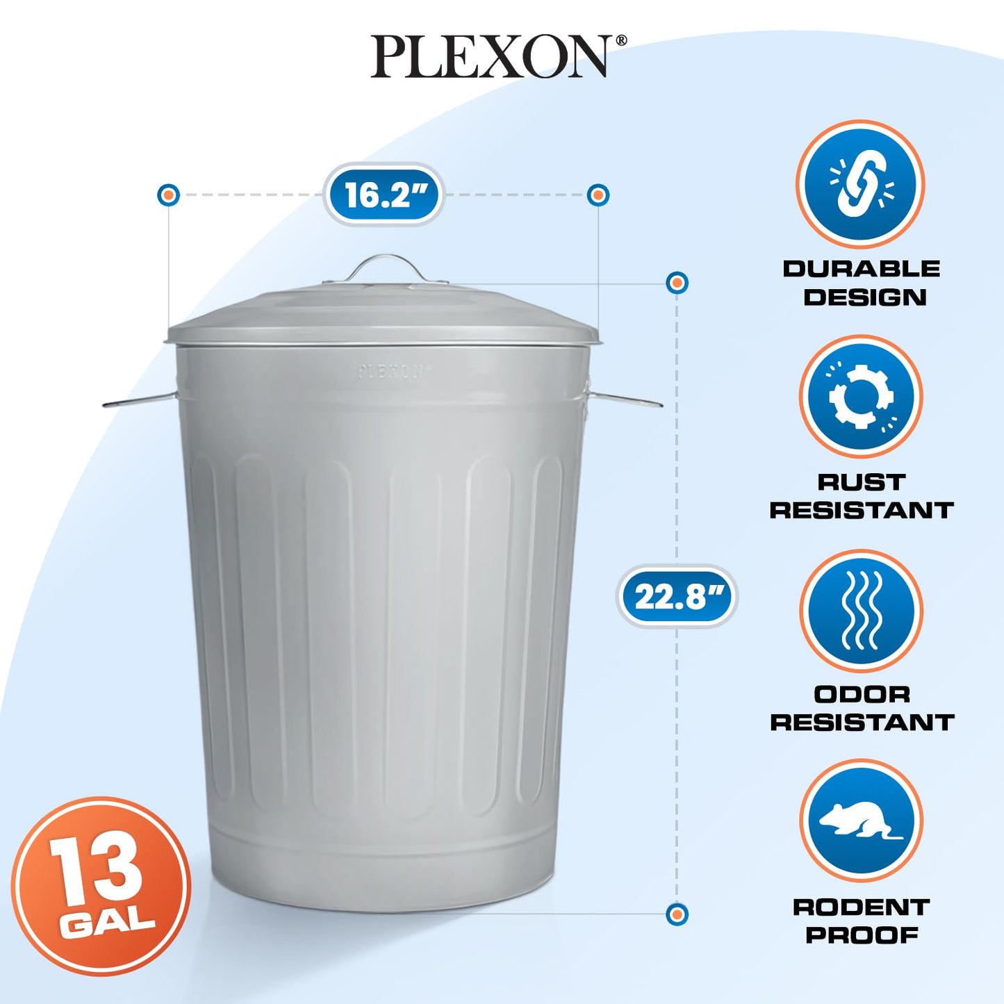 Plexon Round Trash Can 13 Gallon, Vintage Metal Outdoor Trash Can with Lid, Retro Farmhouse Garbage Container, Old School Modern Ash Bucket, Gray 2 Pack