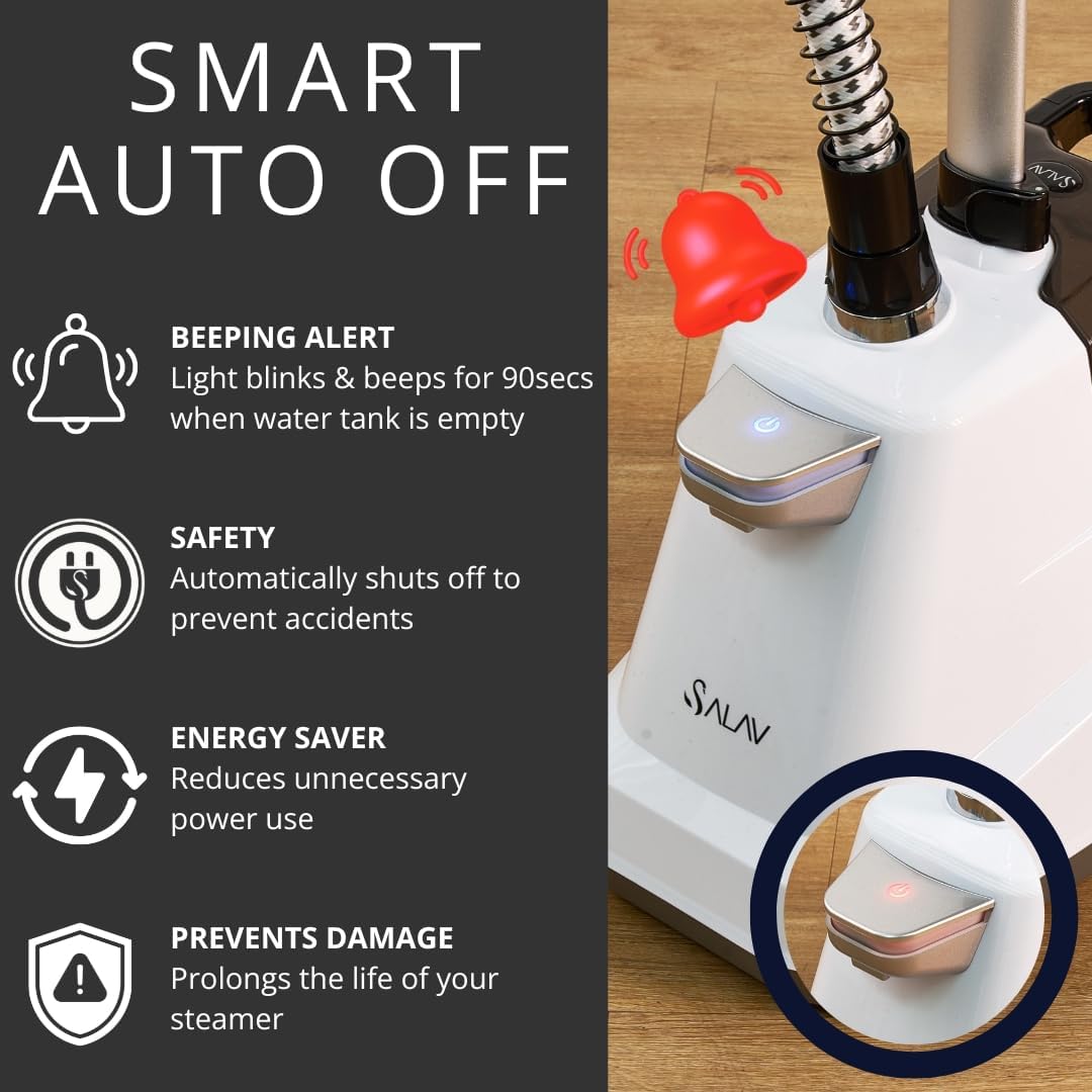 SALAV® Heavy Duty Smart Auto Shut-off Commercial Full-Size Garment Steamer, Beeping Alert when Water Runs out, Foot Pedal Control, XL 3L (101.5 oz) Tank, 1800 watts, 90+min of Continuous Steam, White