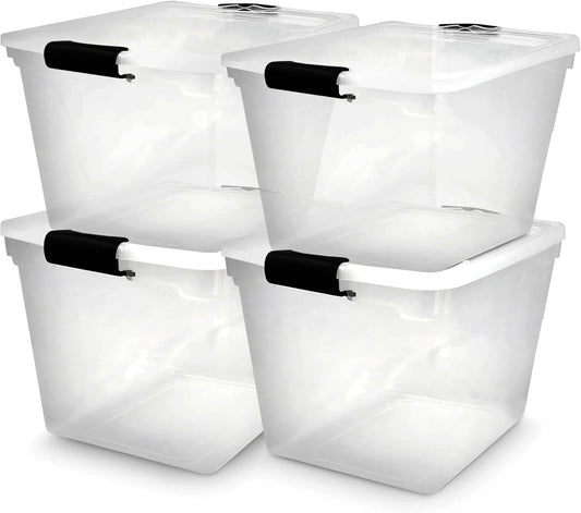 HOMZ 4-Pack Latching Lid, Large Clear Plastic Storage Bins with Lids, 31 Quart, Gray Latch - Stackable Container Boxes for Home, Bathroom, and Office Organization