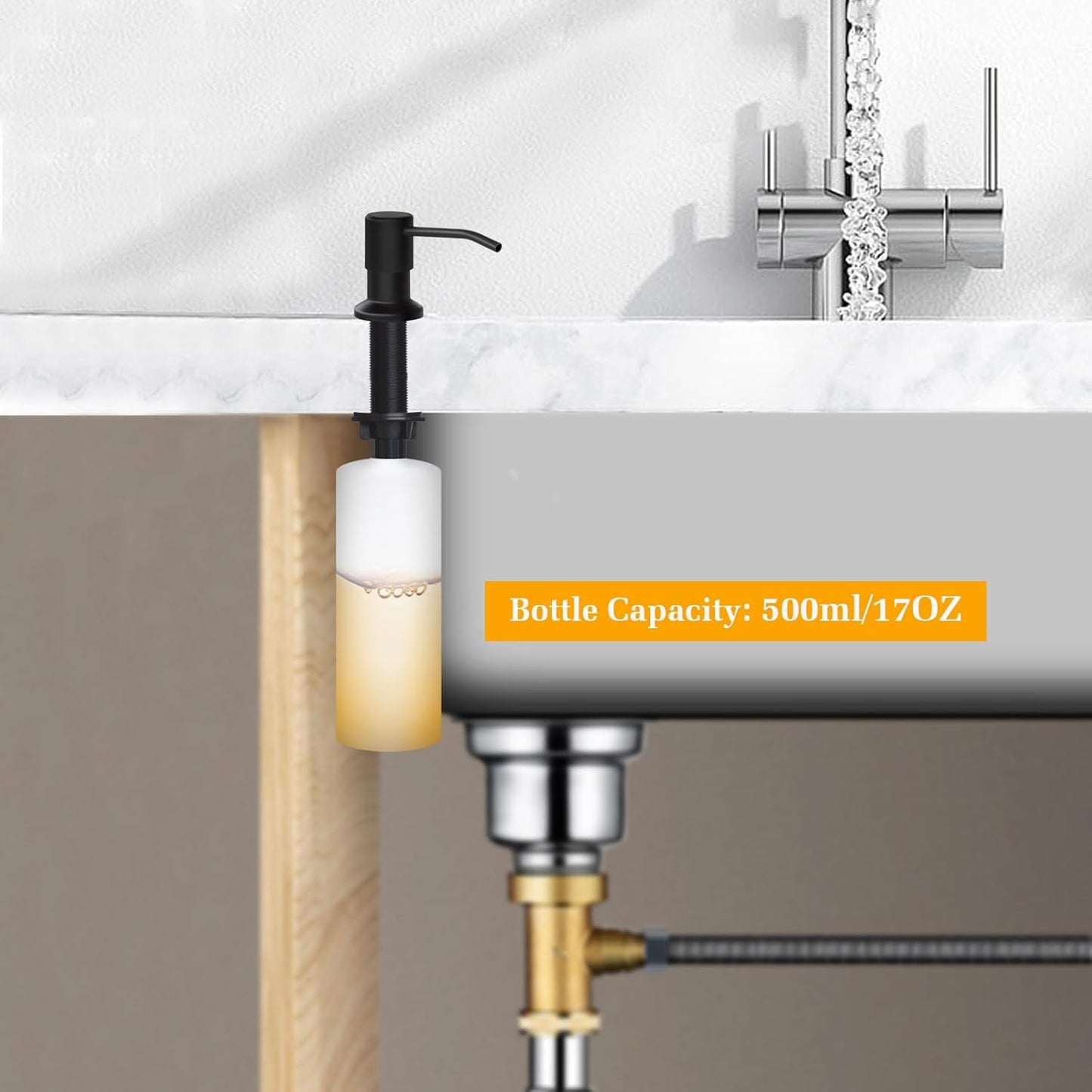 Soap Dispenser for Kitchen Sink, Built in Sink Soap Dispenser Lotion Dispenser with 17 OZ Bottle, Refill from The Top Bar Sink Soap Dispenser, Black (2 Pack)