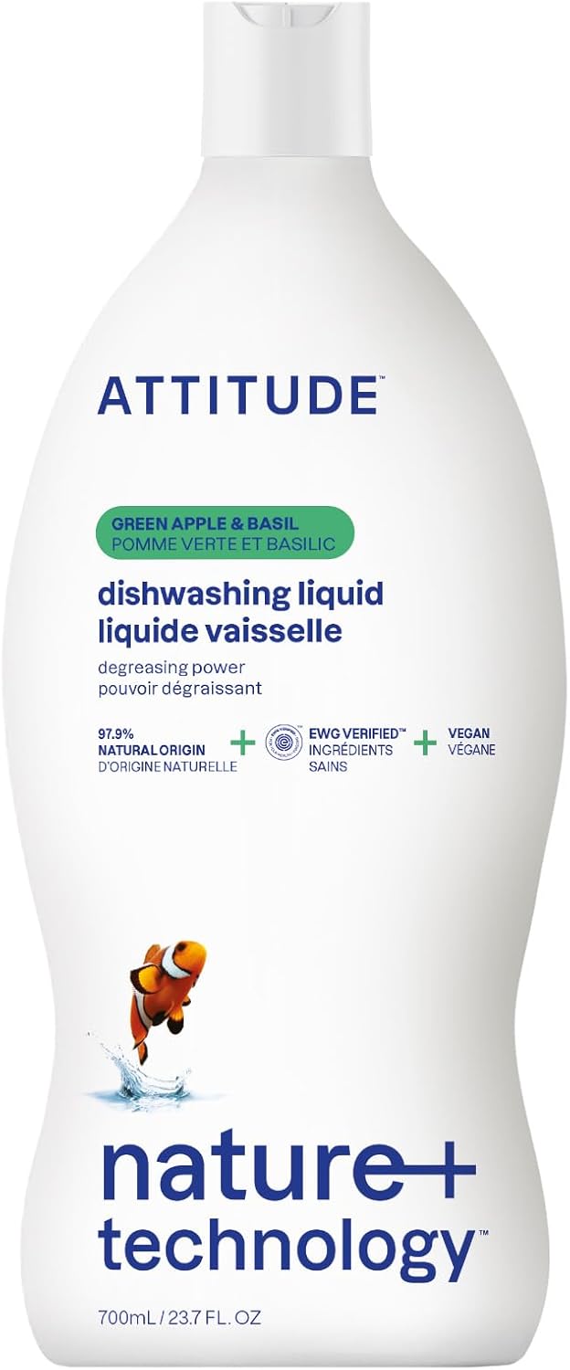 ATTITUDE Dish Soap, EWG Verified, Plant-Based & Vegan Dishwashing Liquid, Naturally Derived, Green Apple and Basil Scent, 23.7 Fl Oz
