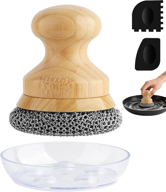 Cast Iron Scrubber and Scraper,Chain Mail Cleaner with Bamboo Handle & Draining Tray,316 Stainless Steel Brush for Cleaning Pots,Pans,Wok,Bakeware,Griddles, Grills,Dishes (Small Chain Mail)