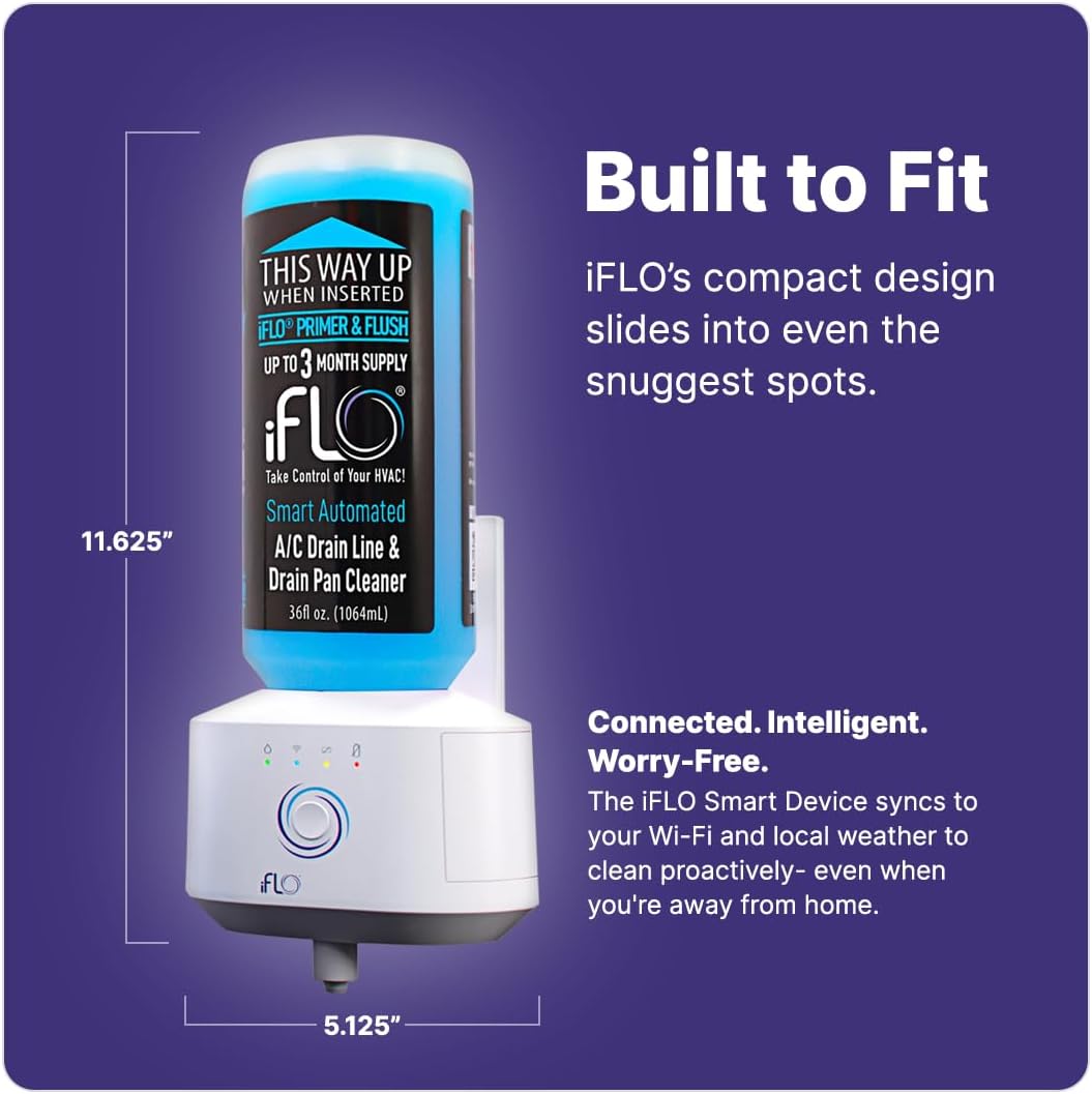 iFLO® Smart A/C Drain Line Cleaner and Drain Pan Cleaner Cartridge, Fast-Acting, Long-Lasting HVAC System Solution for Tough Clogs & Buildup, 3-Month Supply per Bottle, 1 Pack of 36oz