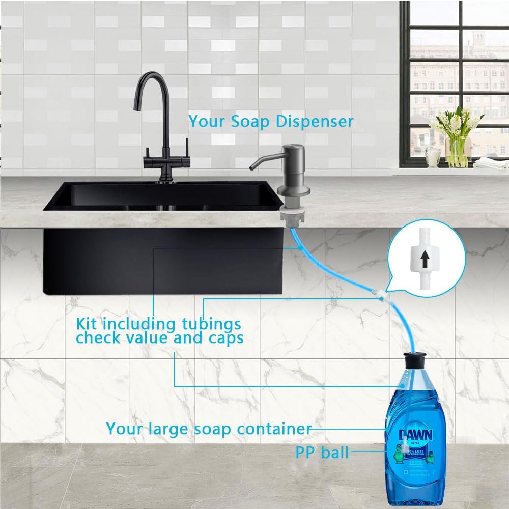 Soap Dispenser for Kitchen Sink, in Sink Soap Dispenser Pump, 47" Silicone Extension Tube Connect to The Soap Bottle Directly, Say Goodbye to Frequent Refills (Gray)