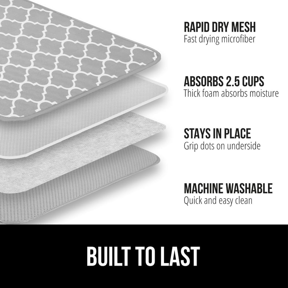 GORILLA GRIP Ultra Water Absorbent Microfiber Dish Drying Mat, 18x24, Quick Dry Thick Mesh, Slip Resistant Pad for Sink Dishes or Under Rack, Kitchen Counter Accessories, Machine Wash Mats, Quatrefoil