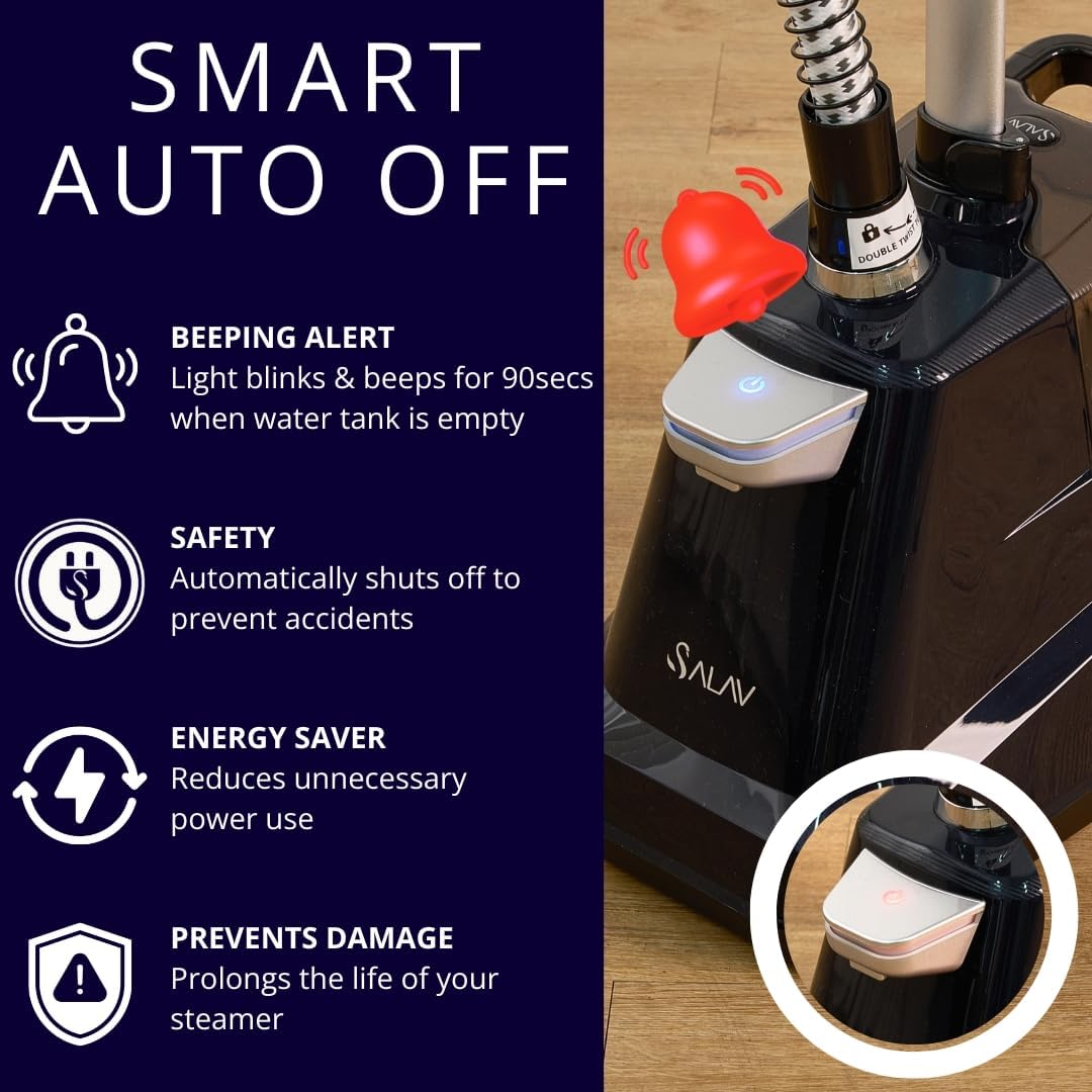 SALAV® Heavy Duty Smart Auto Shut-off Commercial Full-Size Garment Steamer, Beeping Alert when Water Runs out, Foot Pedal Control, XL 3L (101.5 oz) Tank, 1800 watts, 90+min of Continuous Steam, Navy