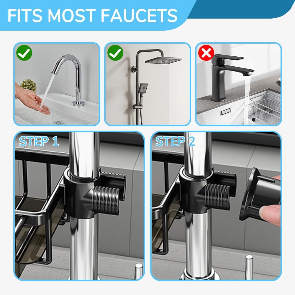 Sink Organizer Rack for Kitchen and Bathroom, 2024 New Kitchen Sink Faucet Organizer with Drip Tray Faucet Sponge Holder (Silver, Left+Right)