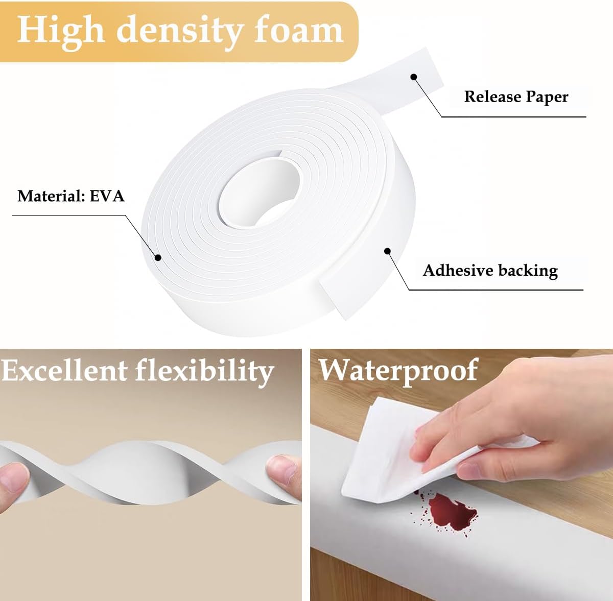 Weather Stripping Door Seal White,Self Adhesive Foam Tape,Window Insulation Weatherproof Gasket Tape for Doors and Windows,1.18 Inch Wide X 1/4 Inch Thick,Total 16.4 Feet Long