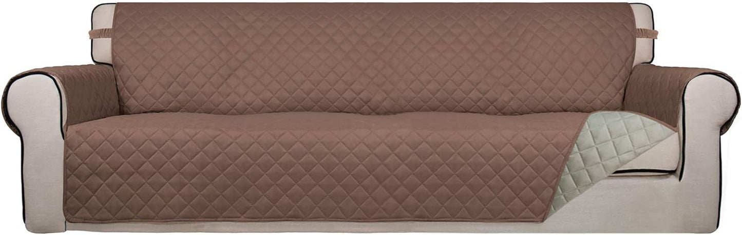 PureFit Reversible Quilted Sofa Cover, Water Resistant Slipcover Furniture Protector, Washable Couch Cover with Non Slip and Elastic Straps for Kids, Dogs, Pets (XX Large, Brown/Beige)