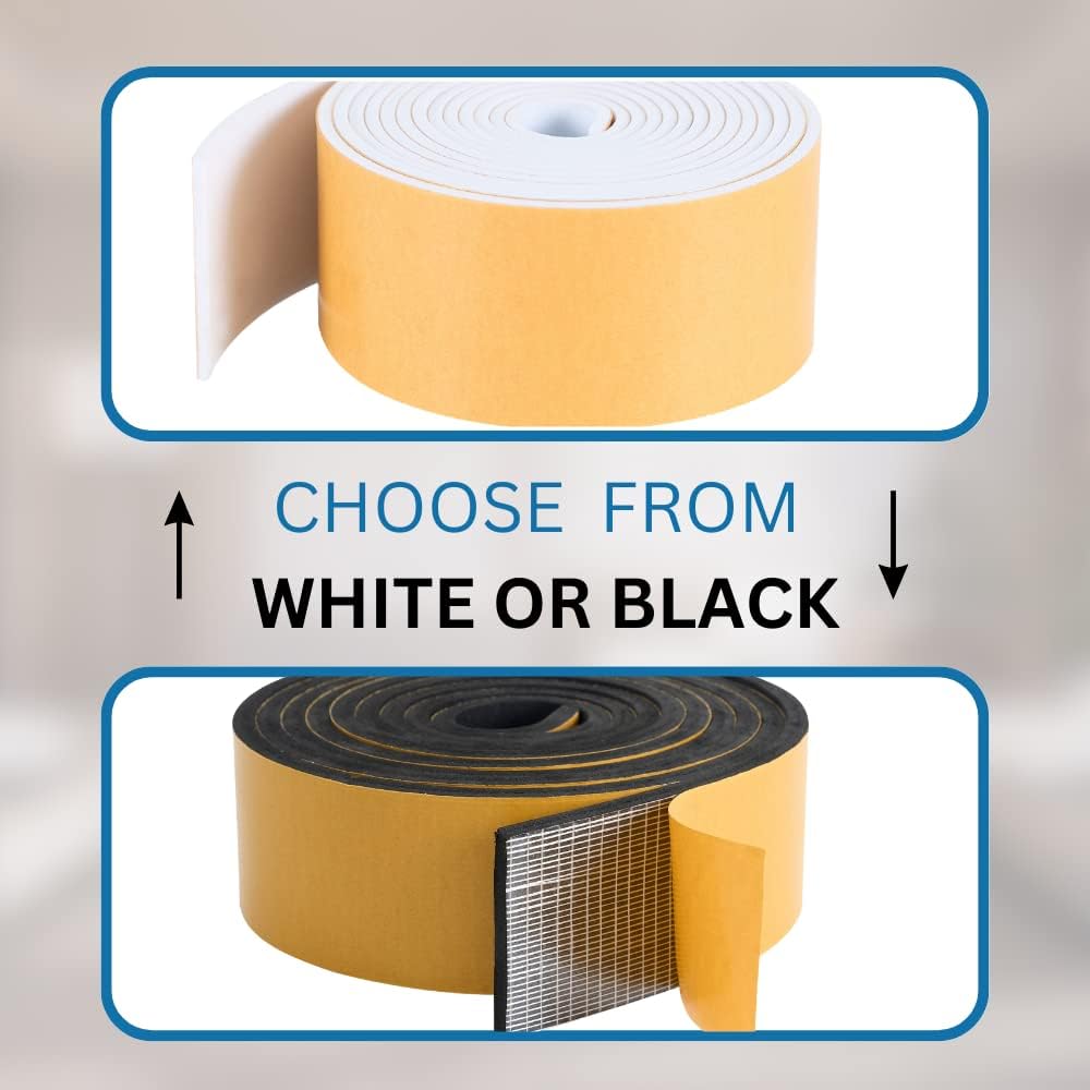 High Density Foam Weather Stripping Door Seal Strip Insulation Tape Roll for Insulating Door Frame, Window, Air Conditioner | Self Adhesive Sealing Weatherstrip (2 in x 1/8 in x 10 Ft, Black)