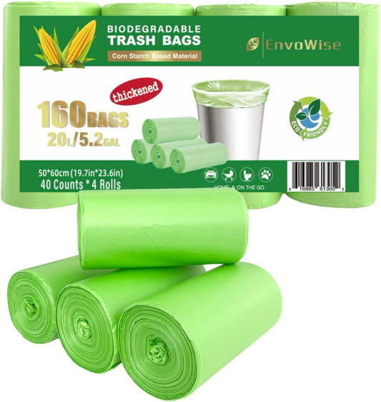 5.2 Gallon Biodegradable Trash Bags (THICKENED) | Eco Friendly, Unscented, 20L Strong Multipurpose Waste Bags for Bathroom Bedroom Office Kitchen, 160 Count | Compostable Garbage Bag by EnvoWise