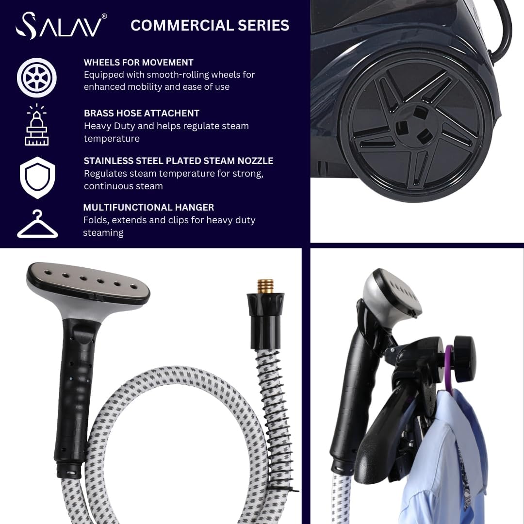 SALAV® Heavy Duty Smart Auto Shut-off Commercial Full-Size Garment Steamer, Beeping Alert when Water Runs out, Foot Pedal Control, XL 3L (101.5 oz) Tank, 1800 watts, 90+min of Continuous Steam, Navy