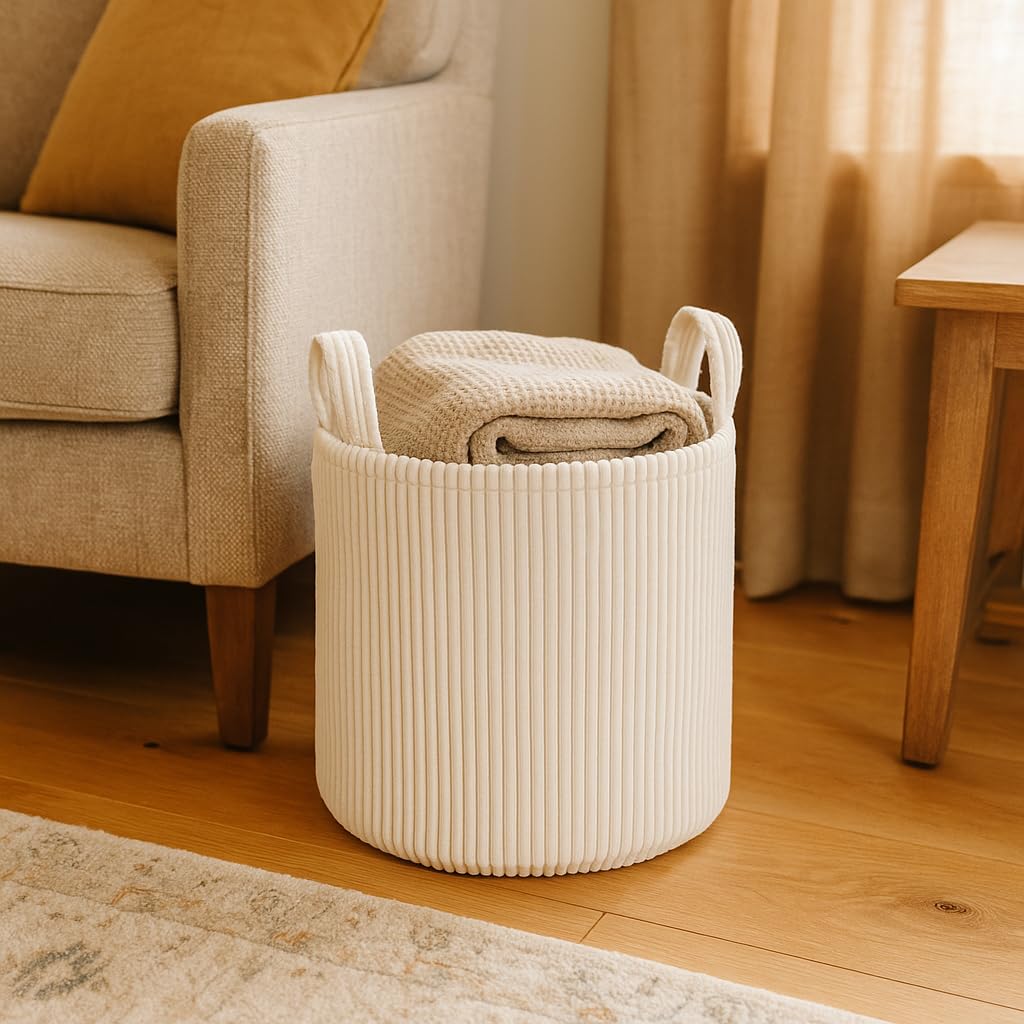 PUTSKA Blanket Basket – Round Storage for Toys and Blankets, Clothes, Stuffed Animals – Soft Baby Girl Basket for Nursery, Kids Room, Bedroom, Living Room – Regular, Cream