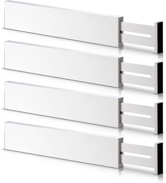 4 Pack Bamboo Drawer Dividers, Adjustable Length from 12 Inch to 17 Inch, Expandable Kitchen Drawer Organizer, Drawer Organization Separators for Clothes, Kitchen, Bedroom, Dresser, Office (White)