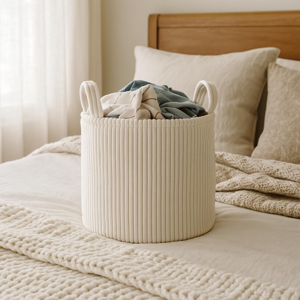 PUTSKA Blanket Basket – Round Storage for Toys and Blankets, Clothes, Stuffed Animals – Soft Baby Girl Basket for Nursery, Kids Room, Bedroom, Living Room – Regular, Cream