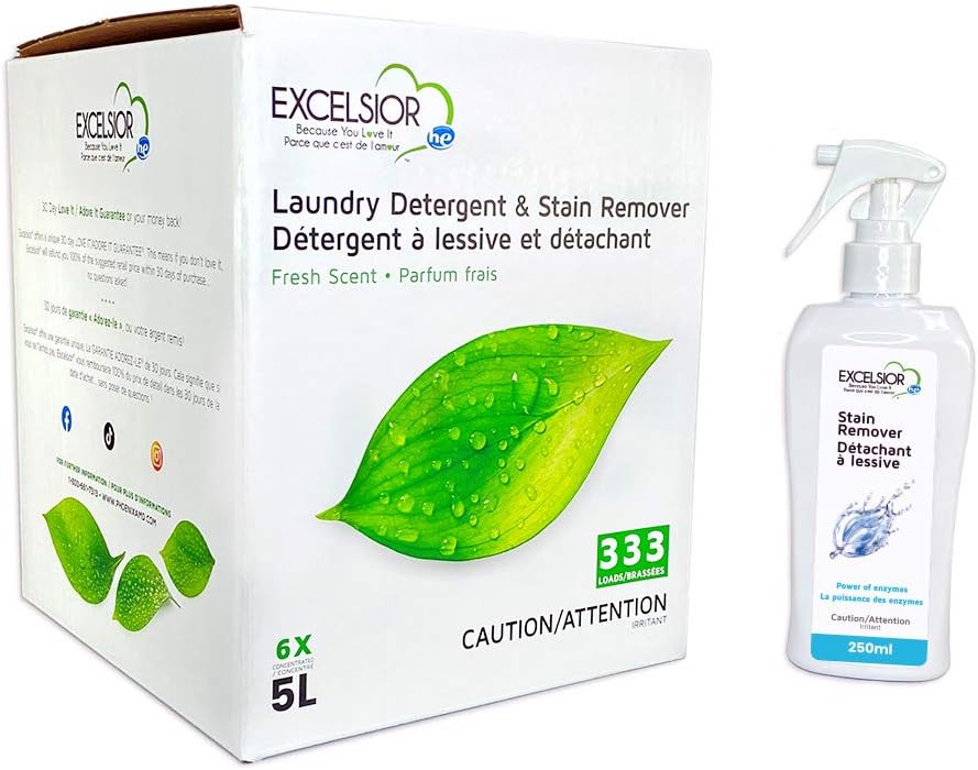 Excelsior (Because You Love It) HE Concentrated Liquid Laundry Detergent with Stain Remover, Removes 333 Loads for Cleaning Clothes, Phosphate-Free, Solvent-Free, Fresh Scent, 5L (1 Pack - New Look)…