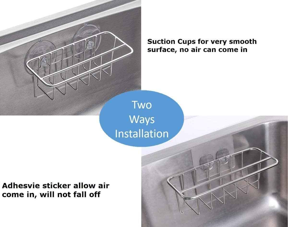 Sink Caddy Sponge Holder for Kitchen Sink Dish Cloth Hanger 2 Suspension Options(Suction Cups and Adhesive Hook), SUS304 Stainless Steel, Silver