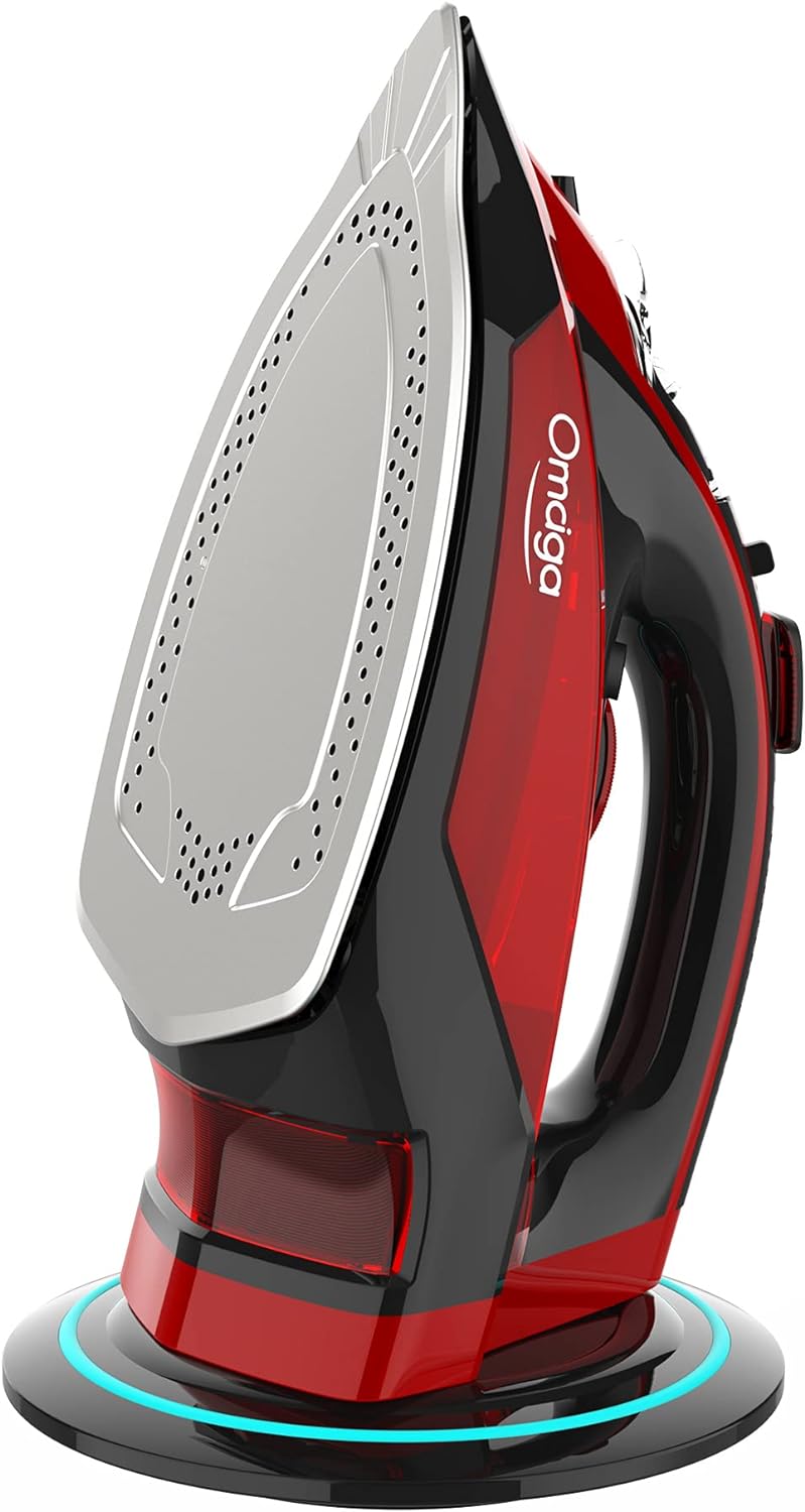 Cordless Iron for Clothes - 1500W Steam Iron with Non-Stick Ceramic Soleplate, Rapid Heating, Auto Shut Off, Burst of Steam, Self-Clean, Anti-Drip, Anti-Calc, 3 Temperature Settings, Red