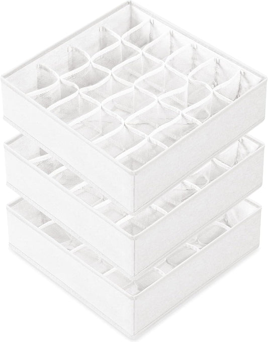 Criusia 3 Pack Sock Underwear Drawer Organizer Dividers, 64 Cell Fabric Foldable Cabinet Closet Organizers and Storage Boxes for Storing Socks, Panties, Ties (16+24+24 Cell, White)