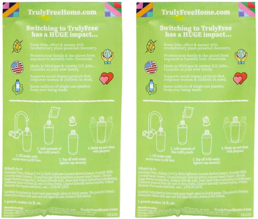 Truly Free Natural Concentrated Dish Detergent Dishwashing Liquid | Plant-Based Dish Soap | Sweet Basil Fresh Scent | 2 Refill Packs with 1 Empty Refillable Squeeze Bottle (16 Oz)