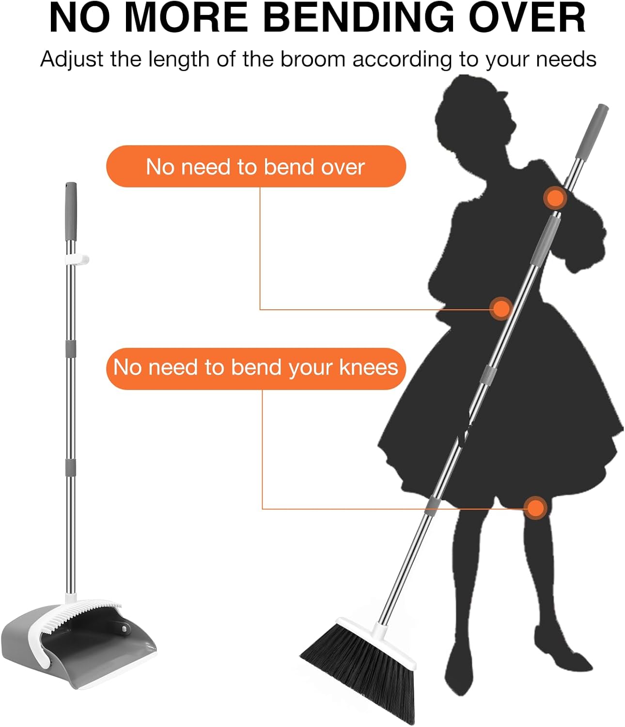 NACENA Broom and Dustpan Set, 52-in Long Adjustable Handle Broom Dustpan Combo with Dustpan Teeth to Automatically Clean Hair Suitable for Home Kitchen Office Hall Floor (Grey&White), 4 Pack