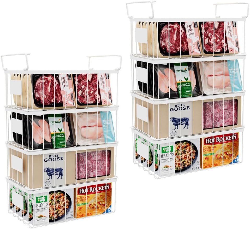 Freezer Storage Organize Baskets - 8 Pack Stackable Deep Freezer Organizer Bins for Most 7 Cu.FT Chest Freezer with Handles, Sturdy but Light, Metal Coated, Add Space, Easy to Reach