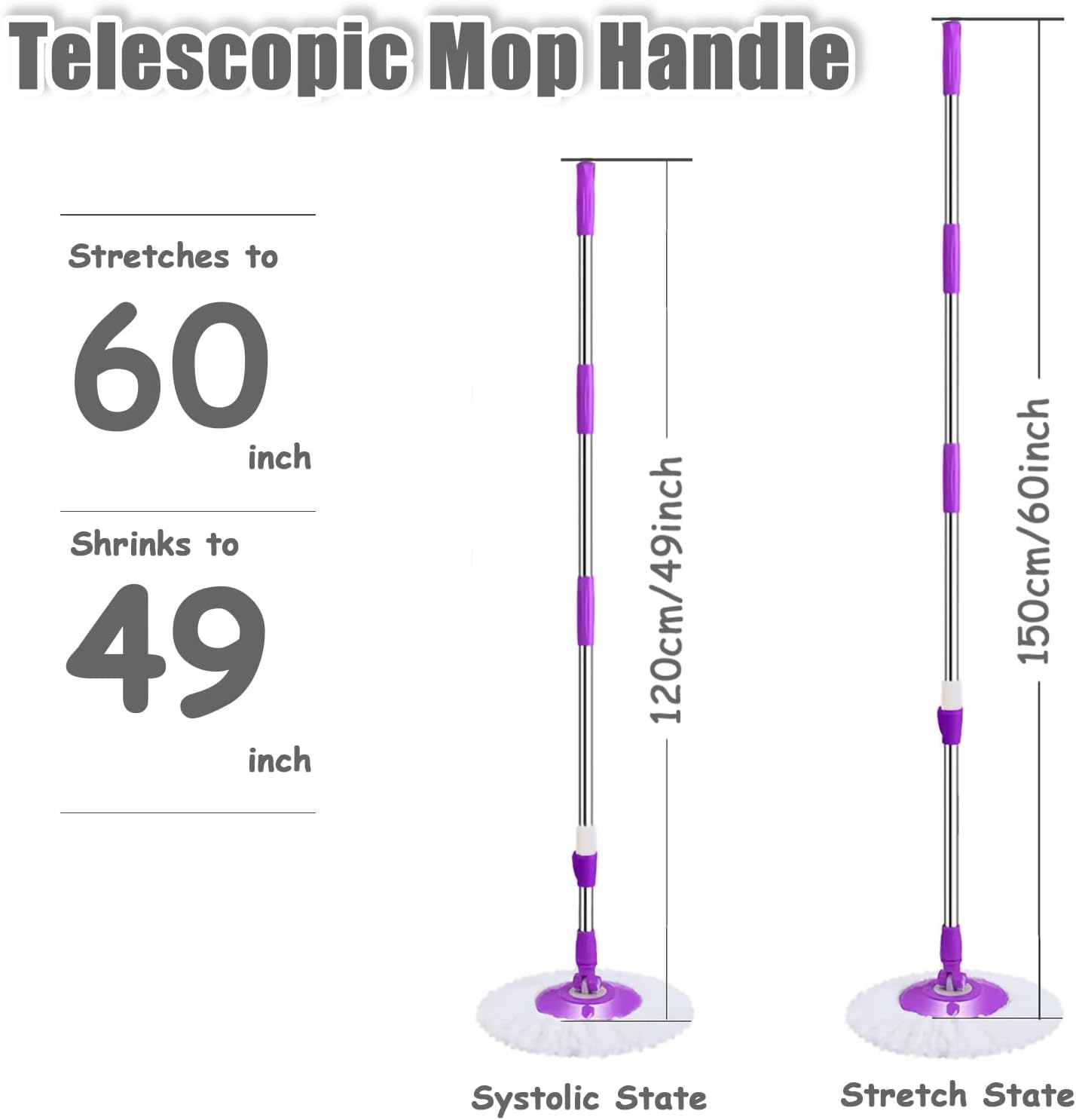 Extended Spin Mop Replacement Mop Handle, Upgraded 60-inch 360 Degrees Rotating Telescopic Replacement Mop Stick for Spin Mop Bucket Cleaning System Floor Cleaning (Plastic Disc, Khaki)