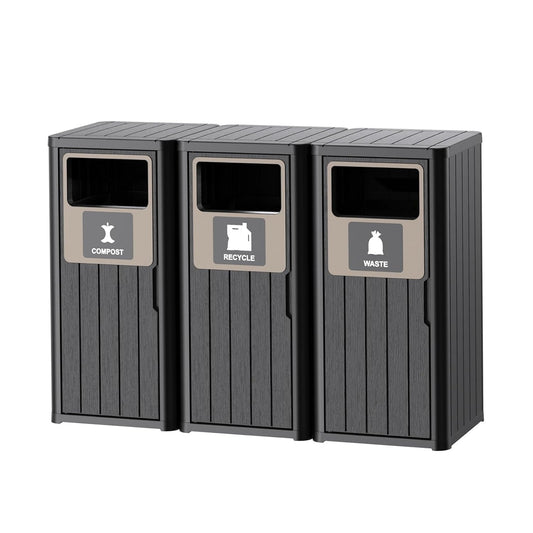 Outdoor Three Barrel Trash Can,Waterproof Resin Garbage Can with Garbage Labels,Durable Waste Bin for Porch, Backyard,Kitchen,for 30 to 39 Gallon Trash Bags