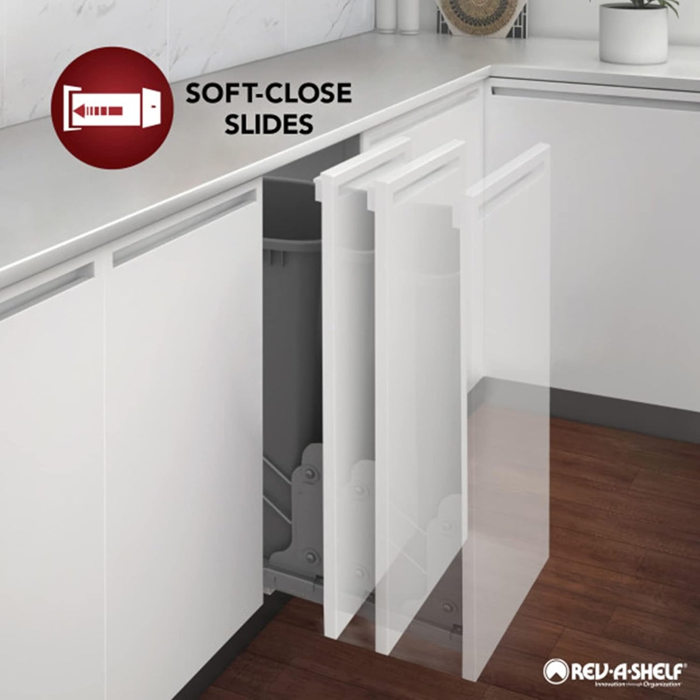 Rev-A-Shelf Double Trash Can Under Kitchen Cabinets Pullout, 35 Quart 8.75 Gallon with Soft-Close Slides, White, 53WC-1835SCDM-211