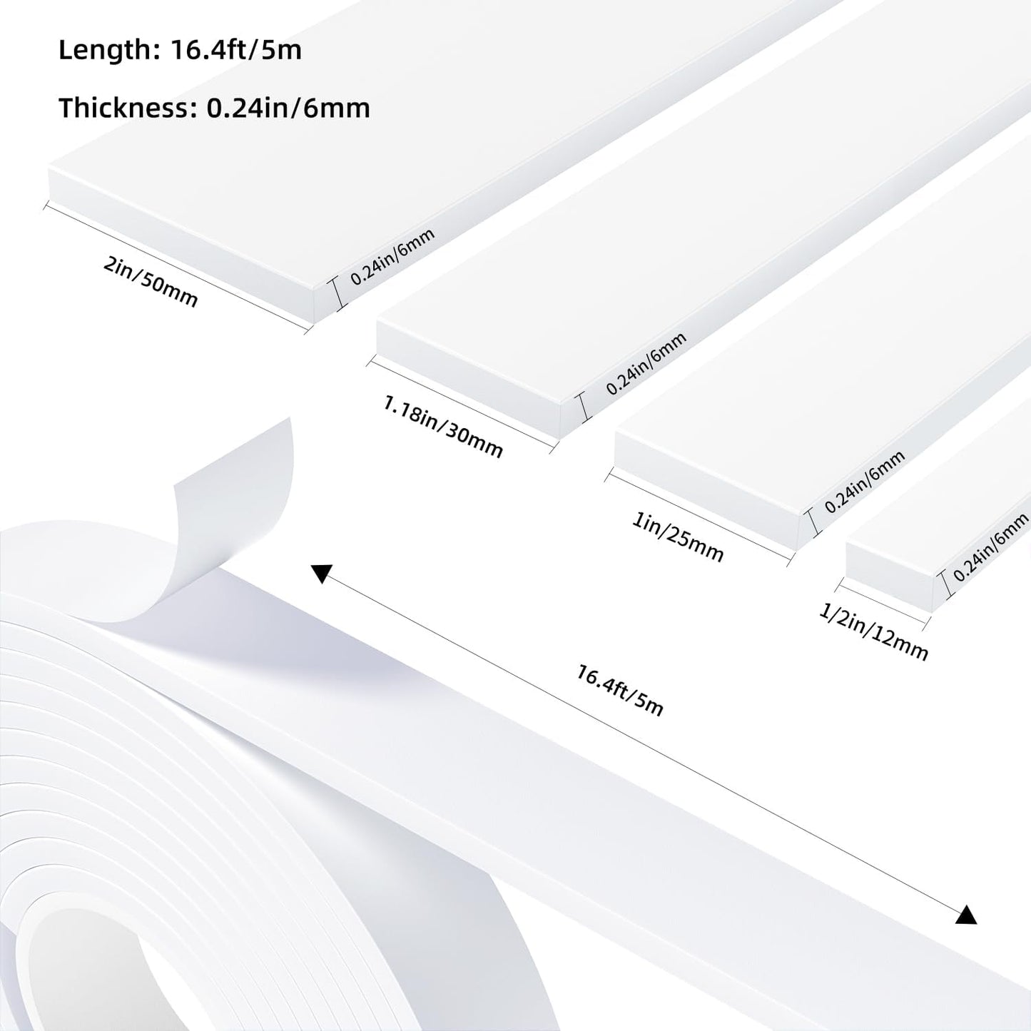 Weather Stripping Door Seal White,1Inch Wide X 1/4 Inch Thick,Air Conditioner Window Seal,Self Adhesive Foam Tape High Density Foam Sealing Strip,Door Soundproof Tape Roll,Total 16.4 Feet Long