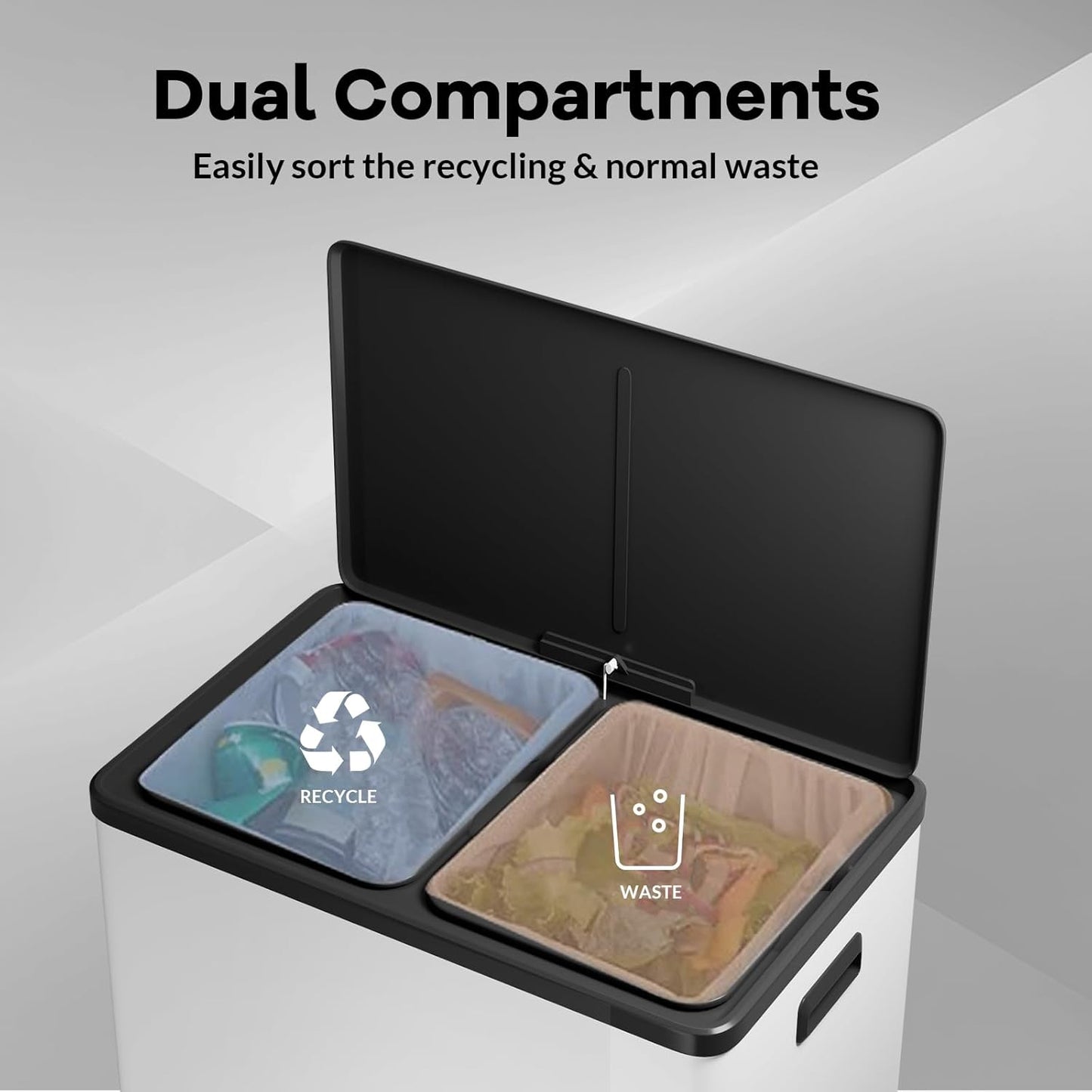 GarveeHome Step Dual Trash Can, 60L/16 Gallon Recycle Bins with Lid, 2 Removable Wastebusket, Step Pedal, Large Stainless Steel Double Trash Bin for Kitchen, Bathroom