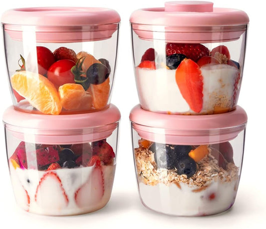 Ankou 400ml Meal Prep Container Set of 4 Pink Tritan Plastic Food Storage Containers with Lids, Airtight Leakproof Pop Top Lid Bowl for Breakfast Leftovers