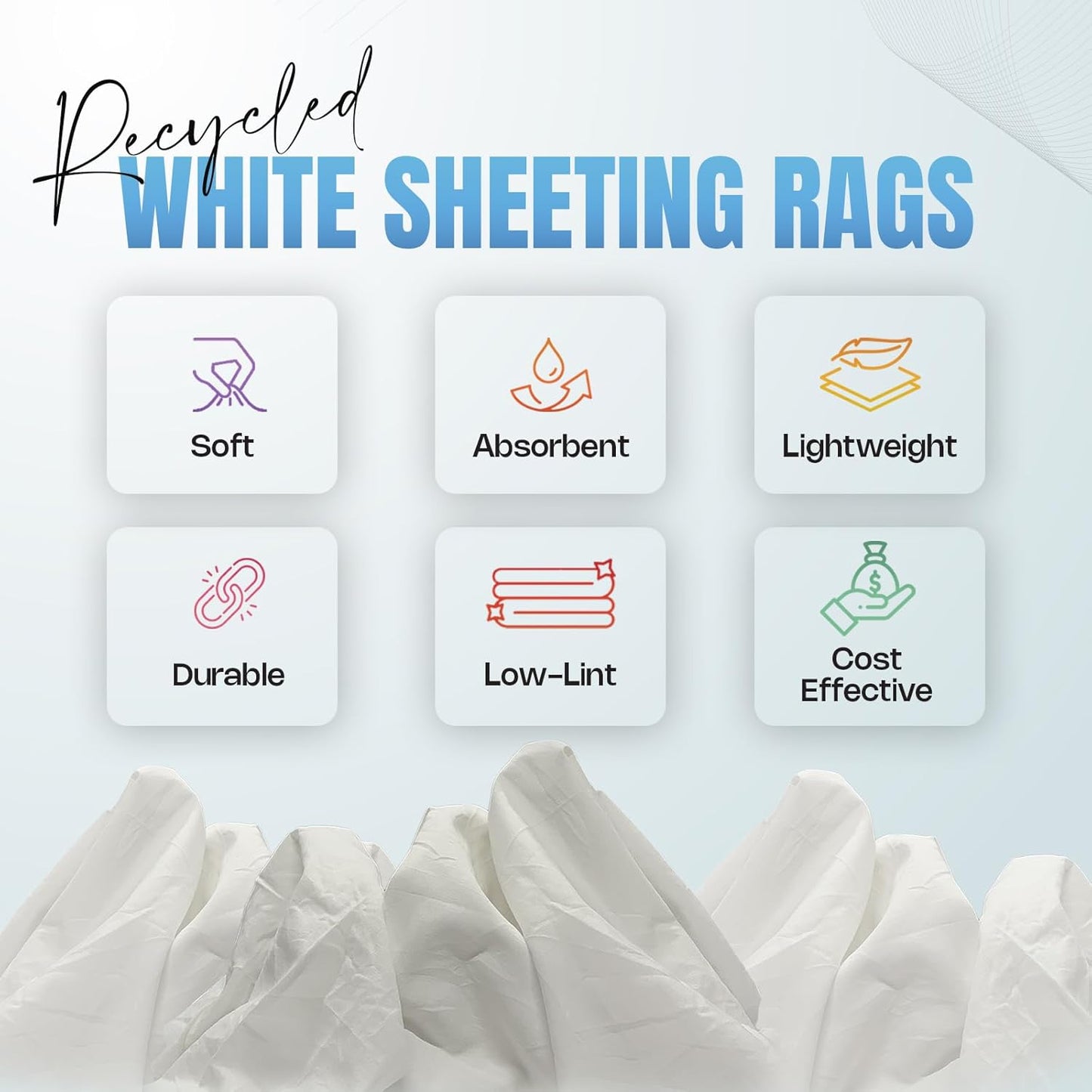 Recycled White Sheeting Cleaning Rags (600 lbs. Pallet 60x10 lbs. Box) – Lint Free White Cotton Cloths for Manufacturing | Automotive | Janitorial | Shop Rags Bulk - Multipurpose