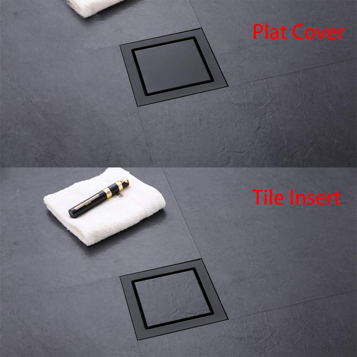 RANDOM Black Shower Drain Square with Removable Tile Insert 6 Inch Drain Cover and Hair Strainer,SUS 304 Stainless Steel Matte Black Shower Floor Drain