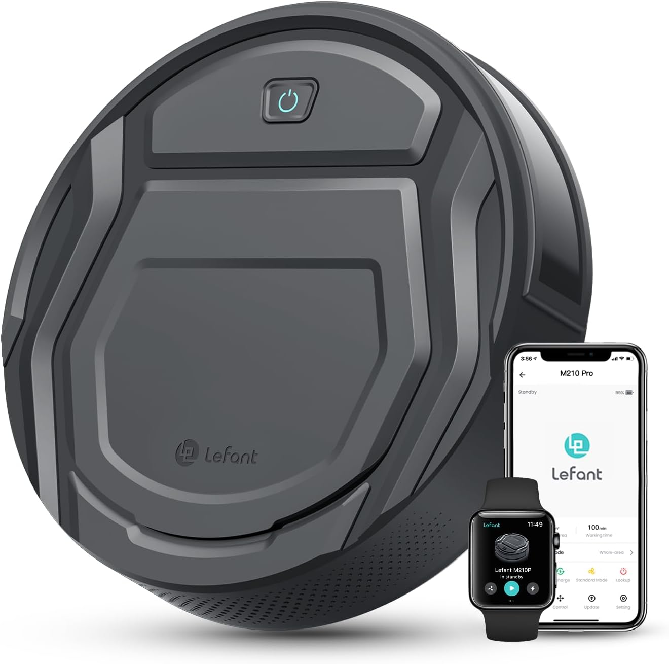 Lefant M210P Robot Vacuum Cleaner, Super Thin, Powerful Suction, Quiet, Self-Charging, Ideal for Pet Owners, Cleans Hard Floors to Medium-Pile Carpets, 120 Mins Runtime, APP/WiFi/Alexa Control, Gray