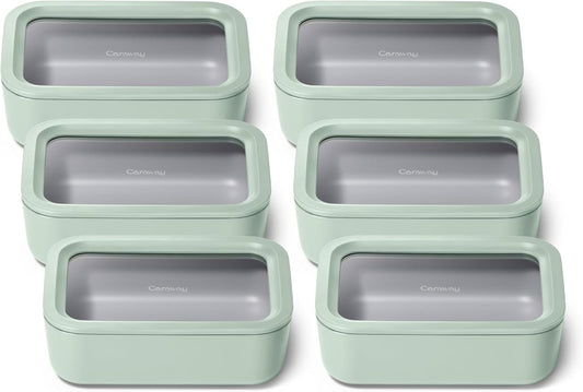 Caraway 6pc Glass Food Storage Set – 6.6 Cup Food Containers (6) - Ceramic Coated - Non Toxic, Non Stick with Lids - Microwave Safe - Mist