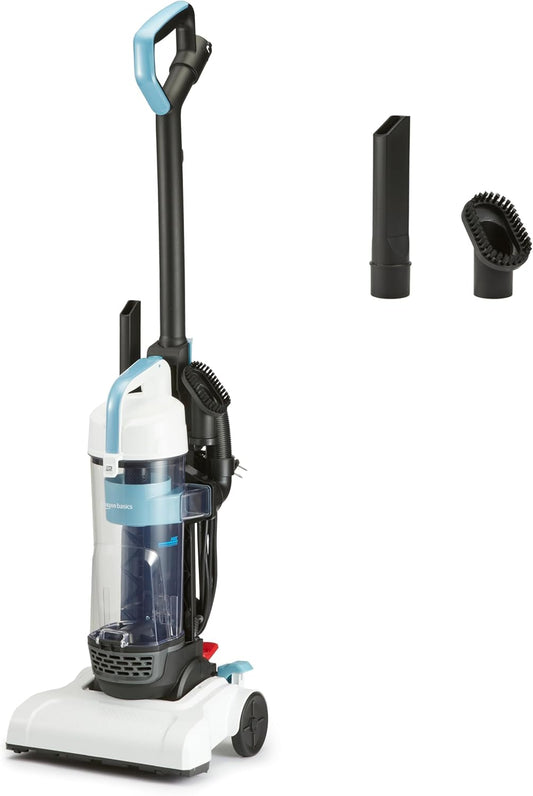 Amazon Basics Upright Bagless Vacuum Cleaner for Carpet and Hard Floors, With Crevice and Upholstery Tools, Detachable Handle, Lightweight (8.4 lbs), 1.7L Dust Cup, 720W, 25ft Cord, Black/White