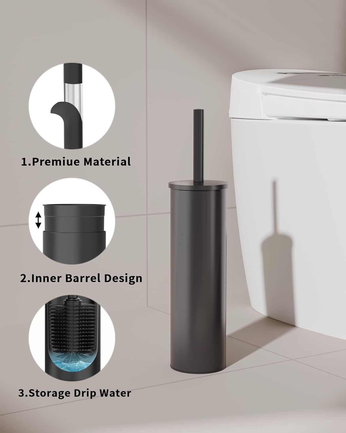 Toilet Brush and Holder Set, Stainless Steel Toilet Bowl Brush with Lid, Rust Proof Toilet Cleaner Brush with Caddy, Durable Bristles, Splash Proof, Ideal for Bathroom（1 Pack, Matte Black）