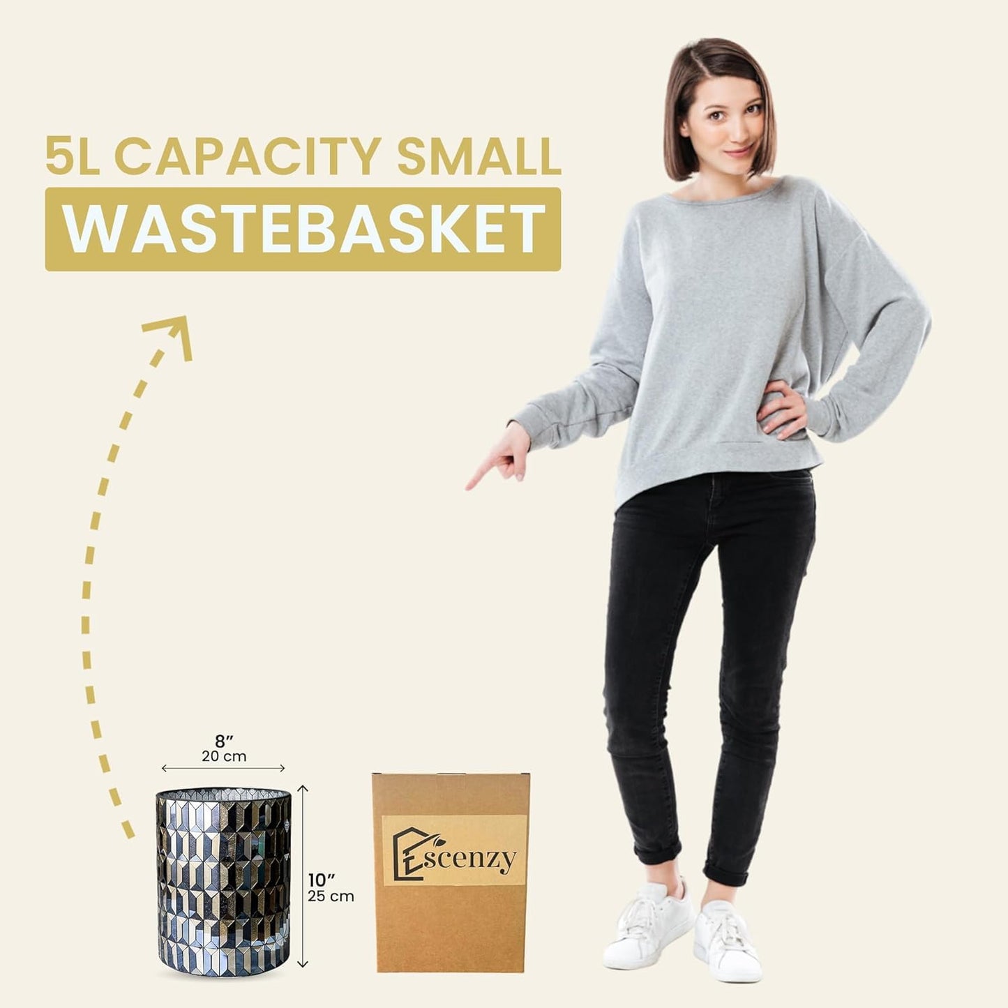 Escenzy Modern Bathroom Trash Can Mosaic Glass 6L | Decorative Small Garbage Can | 8" x 10" | Luxury Waste Basket for Restroom, Office, Bedroom & Kitchen | Shiny Black and Gold Bathroom Accessories