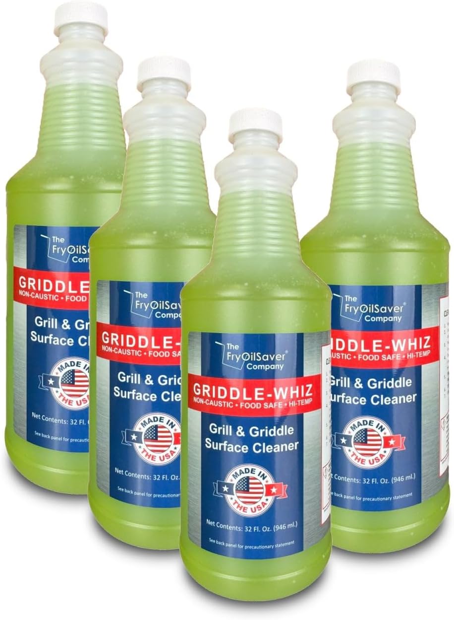 Griddle-Whiz Grill & Griddle Cleaner (4-Pack) | Removes Grease, Food Residue, Burnt On Organics | High Heat Flat Top Grill Cleaner, Food Contact Surface | Non-Caustic Formula by FryOilSaver (32oz)