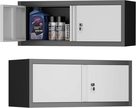 Metal Garage Storage Cabinet, Locking Cabinet Wall Mounted, 12.8" H Floating Cabinet for Warehouse, Upper Tool Cabinet with Shelf for Home Office, Basement, Kitchen, RV Organization