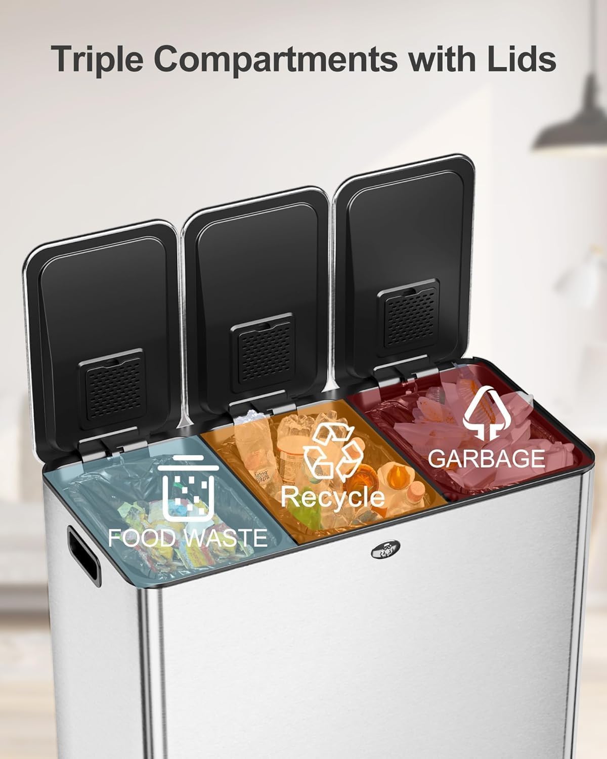 90L/3 x 7.9 Gal Trash Can,Three-Compartment Pedal Stainless Steel Kitchen Recycling Trash Can with Odor Seal, Hands-Free Foot Operated Waste Bin for Home, Office, Restaurant, School, Hospital