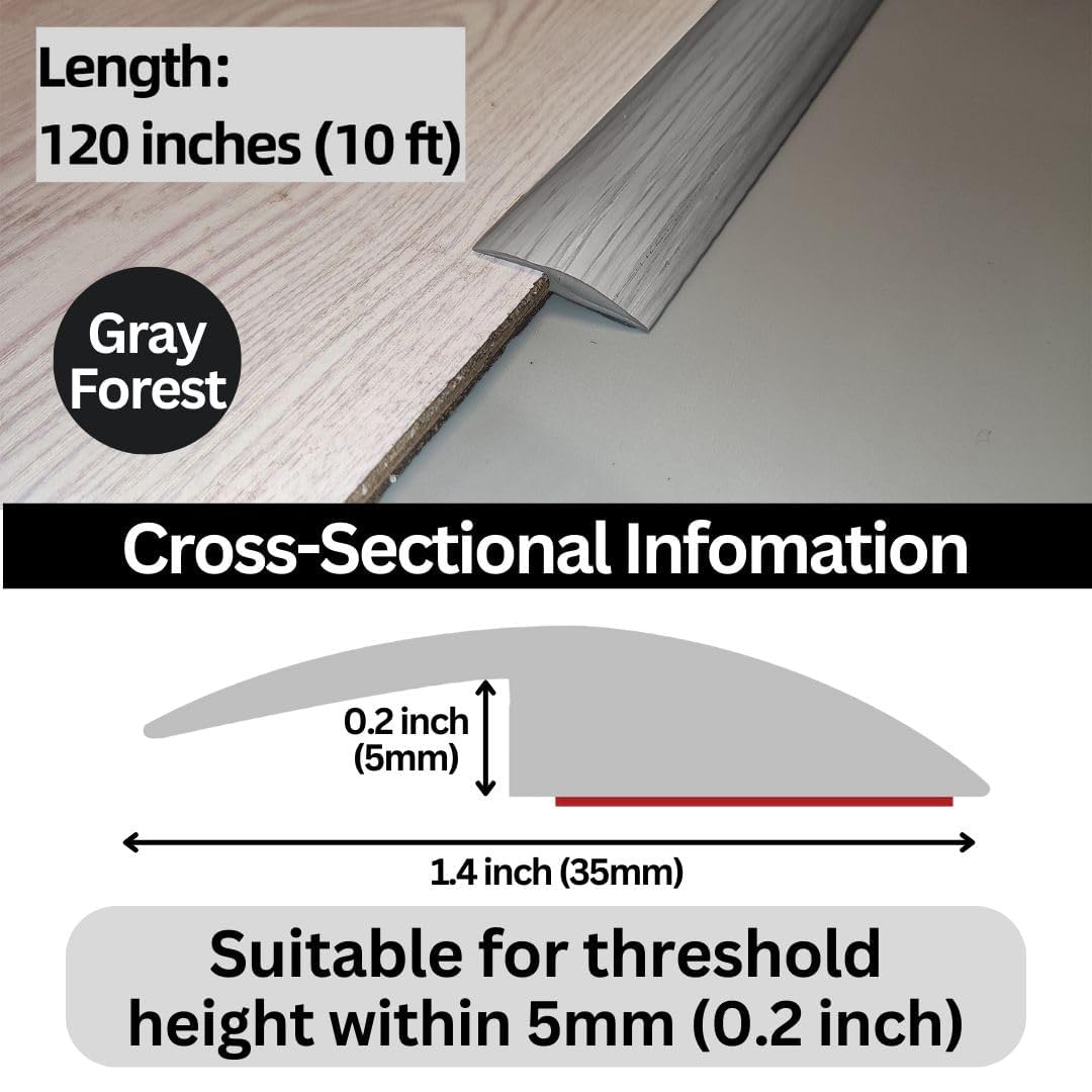 Floor Transition Strip Self Adhesive Carpet Wood Tile Vinyl Flooring Laminate Transition Cover Edge Trim Gap Doorway Threshold for Uneven Floors Heights Within 5 mm (120 inches, Gray Forest)