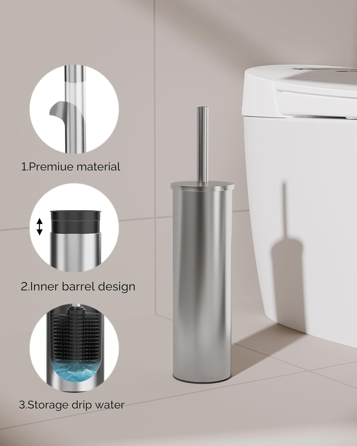 Toilet Brush and Holder Set, Stainless Steel Toilet Bowl Brush with Lid, Rust Proof Toilet Cleaner Brush with Caddy, Durable Bristles, Splash Proof, Ideal for Bathroom (1 Pack, Brushed Nickel)
