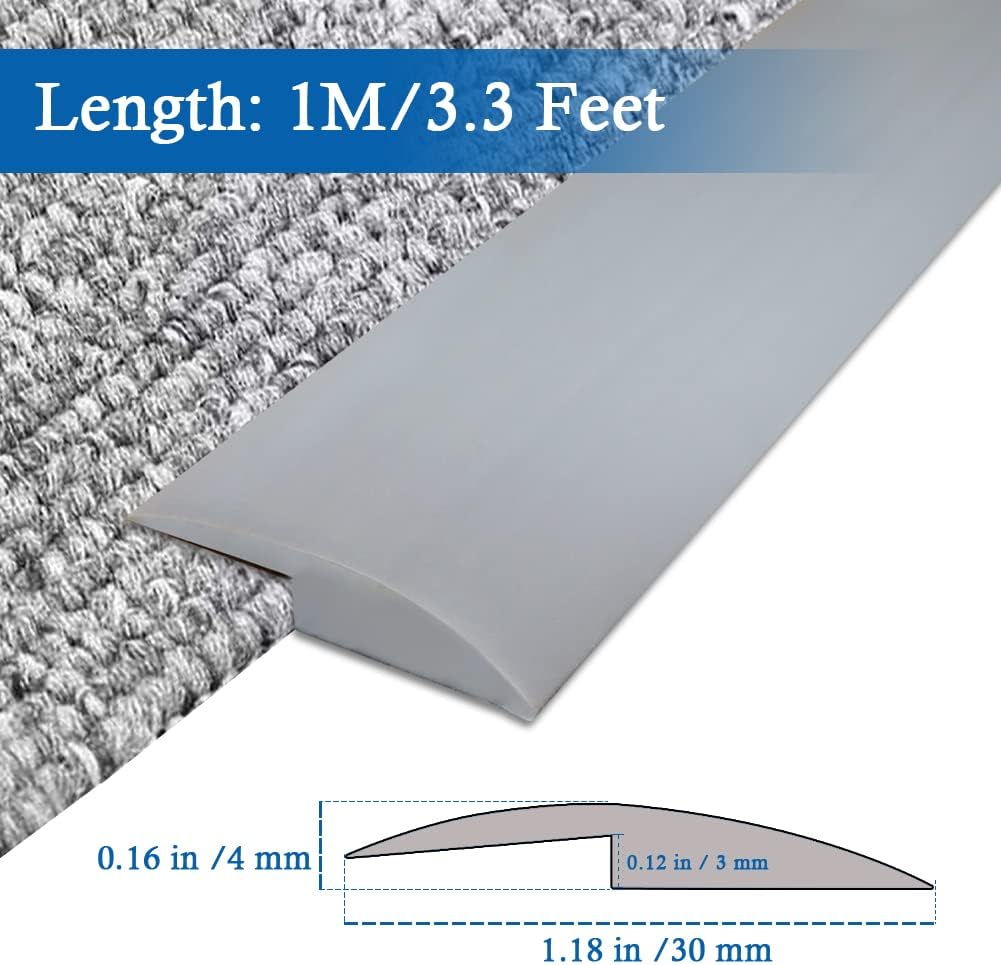 Floor Transition Strip Self Adhesive Carpet & Flooring Transitions Edging Trim Strip PVC Threshold Transitions Suitable for Threshold Height Less Than 3mm (3.3Ft, Gray)