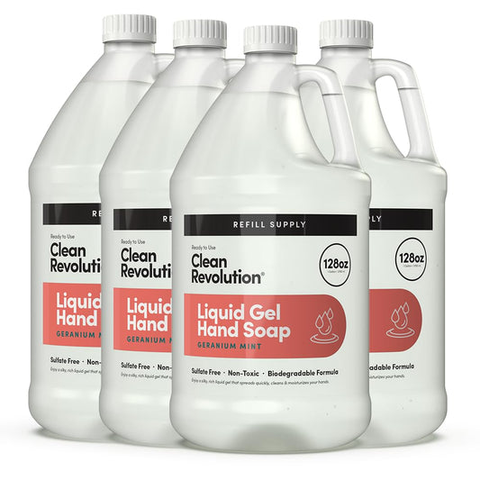 Clean Revolution Liquid Gel Hand Soap, Silky Rich Liquid, Quick Lather, Fast Rinsing, (Geramium Mint) 128 Fl Oz, 4 Pack - Made in USA