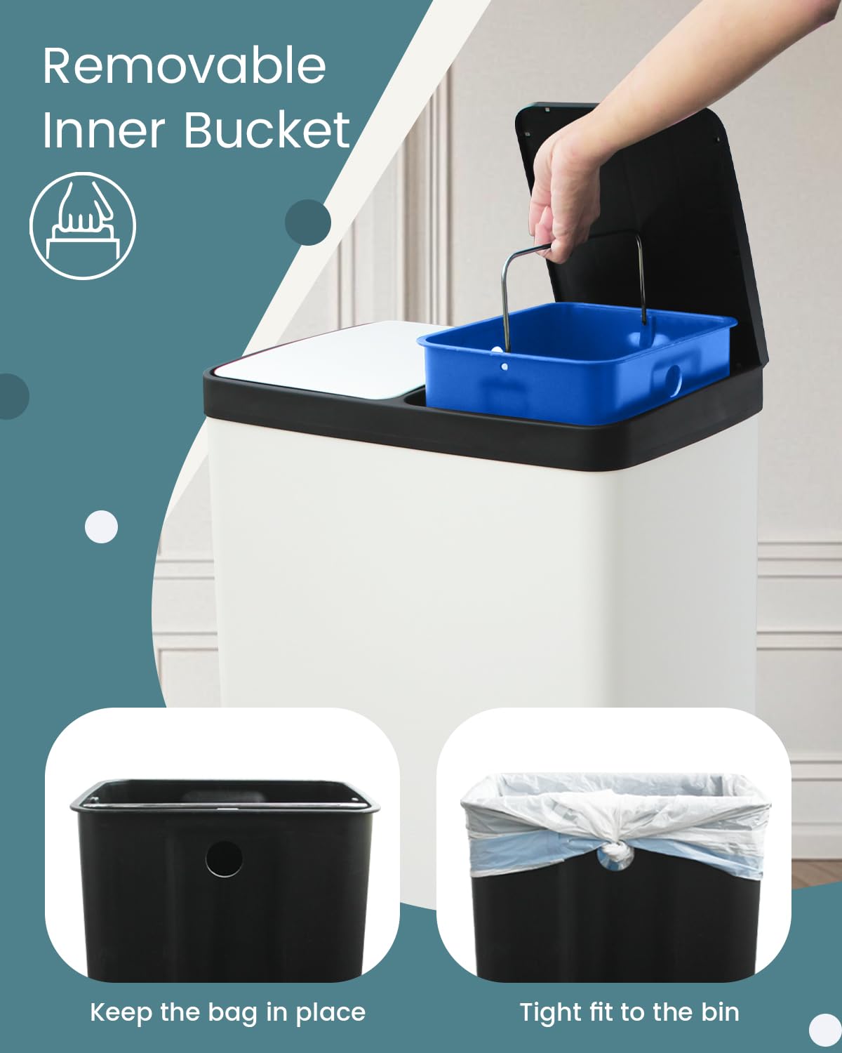 Dual Compartment Stainless Steel Trash Can, 16 Gallon / 60 Liters White Kitchen Garbage Bin with Silent Sealed Lids, Dual Recycling and Trash White for Home & Office