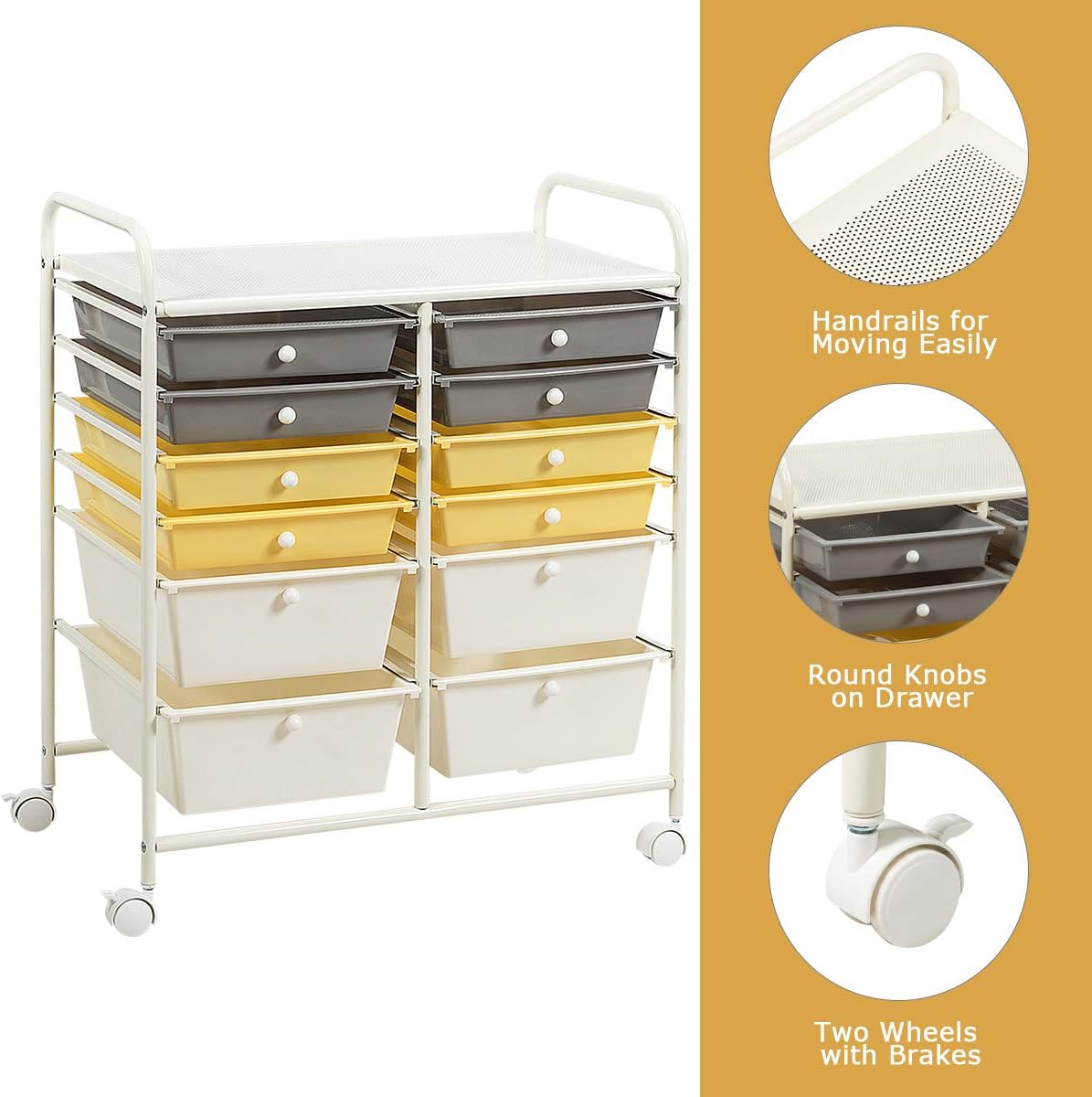 GOFLAME 12-Drawer Rolling Storage Cart, Multipurpose Organizer Cart with 2 Sizes Plastic Drawers, Mobile Utility Cart with Lockable Casters for School, Home Office, Beauty Salon, Yellow