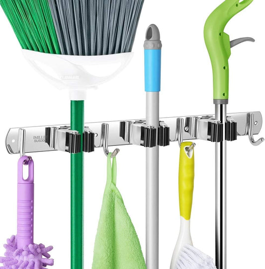 IMILLET Broom and Mop Holder Wall Mounted, Stainless Steel Broom Holder Mop Holder Self Adhesive Heavy Duty Hooks Storage Organizer for Home Laundry Room Garden Garage（3 Racks with 4 Hooks）