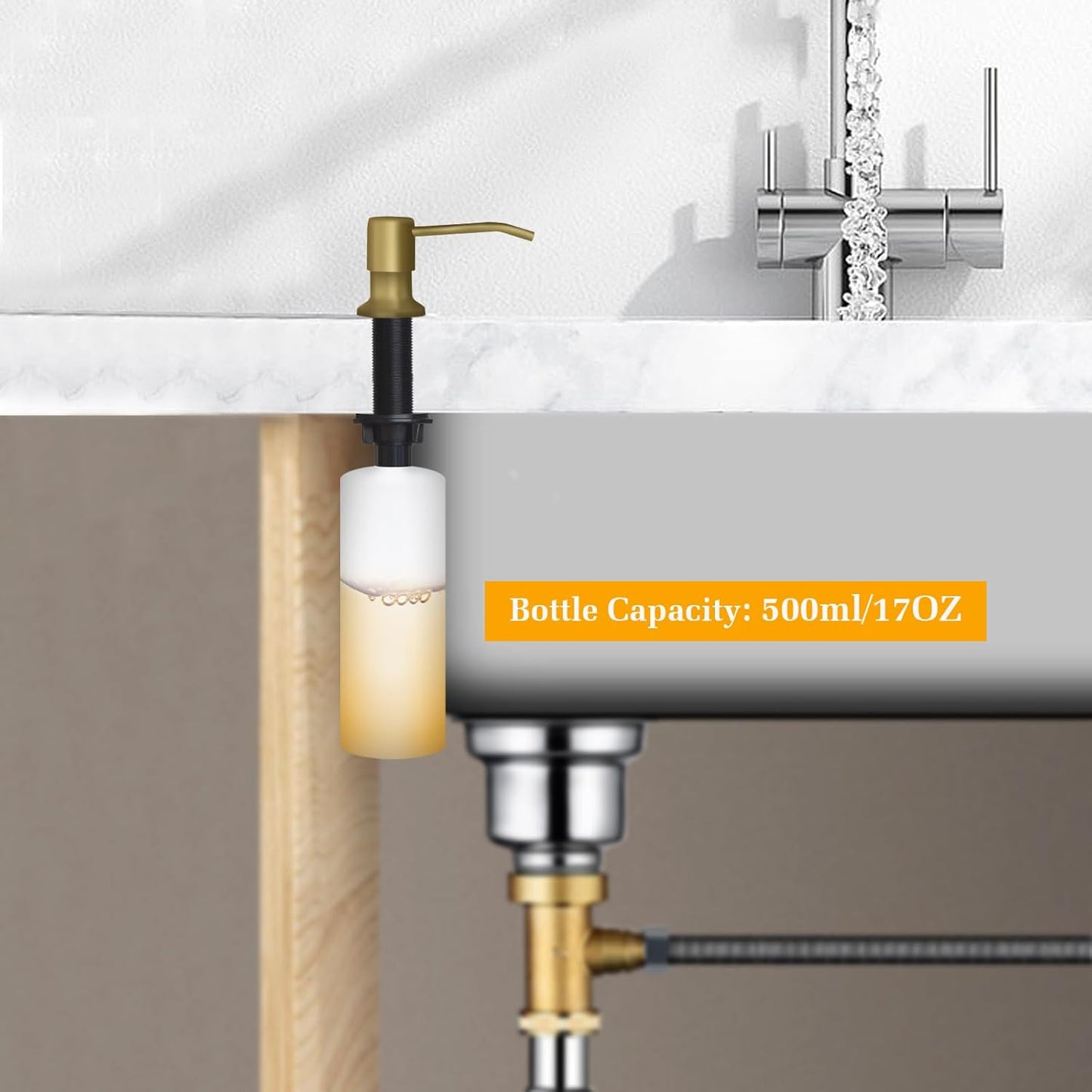 Soap Dispenser for Kitchen Sink, Built in Sink Soap Dispenser Lotion Dispenser with 17 OZ Bottle, Refill from The Top Bar Sink Soap Dispenser, Gold